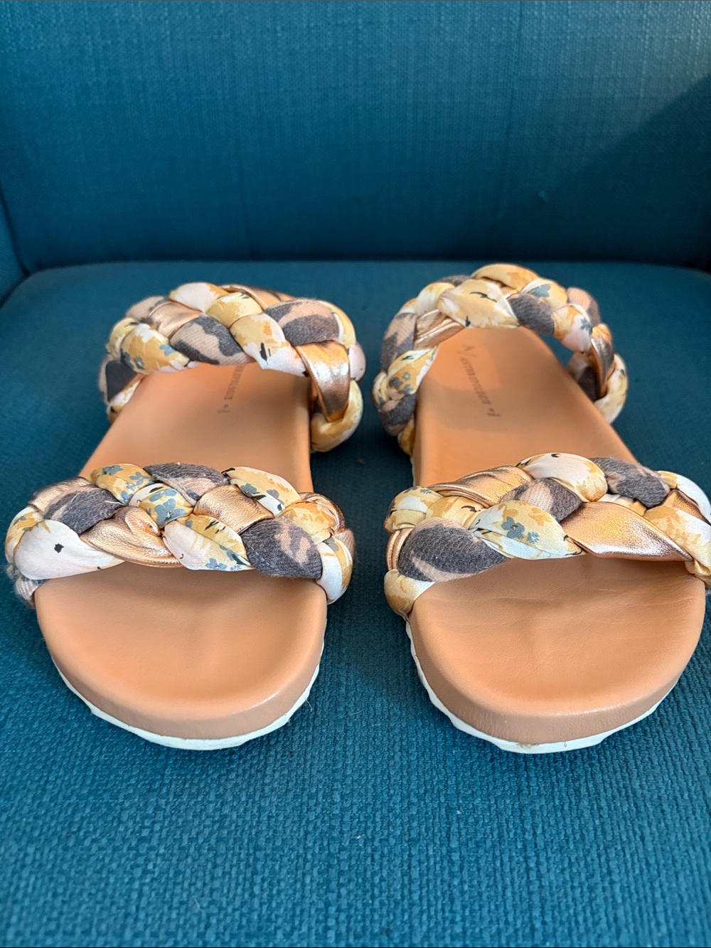 Anthropologie Gold Floral Slides